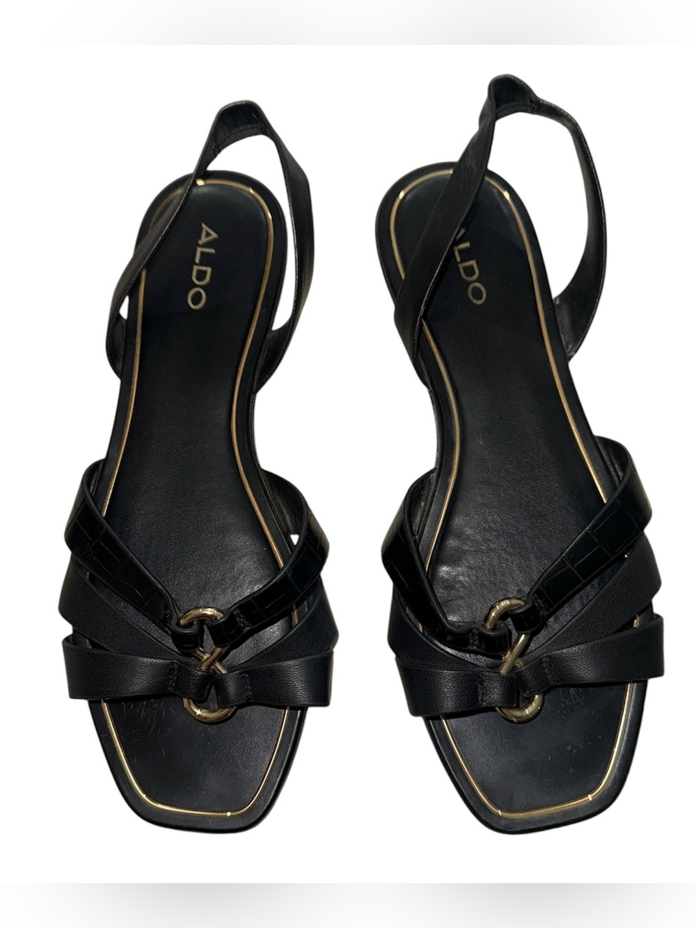 ALDO Black Leather Slingback Sandals with Gold Accents